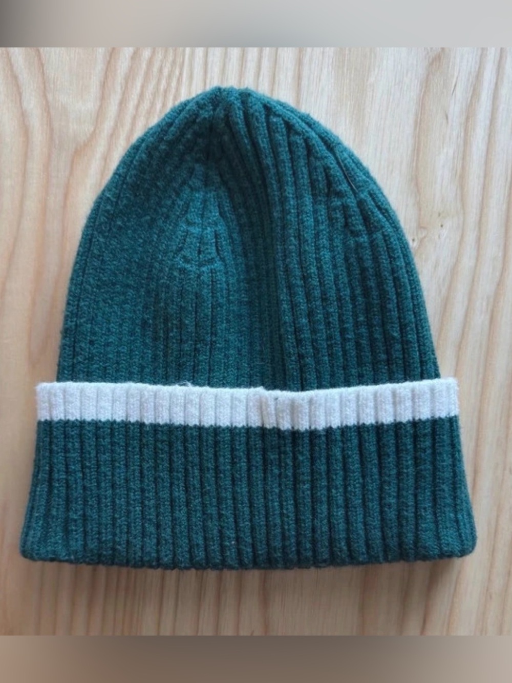 Turquoise Ribbed Beanie-Rolled Bottom w White Stripe - Cozy - Time and Tru